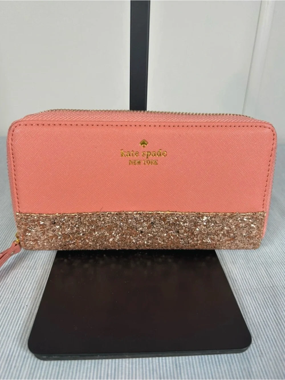 kate spade Coral and Rose Gold Glitter Zip Around Wallet